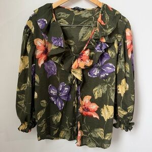 Lauren Ralph Lauren Green Floral Ruffle Trim Blouse Women’s Large Cottagecore